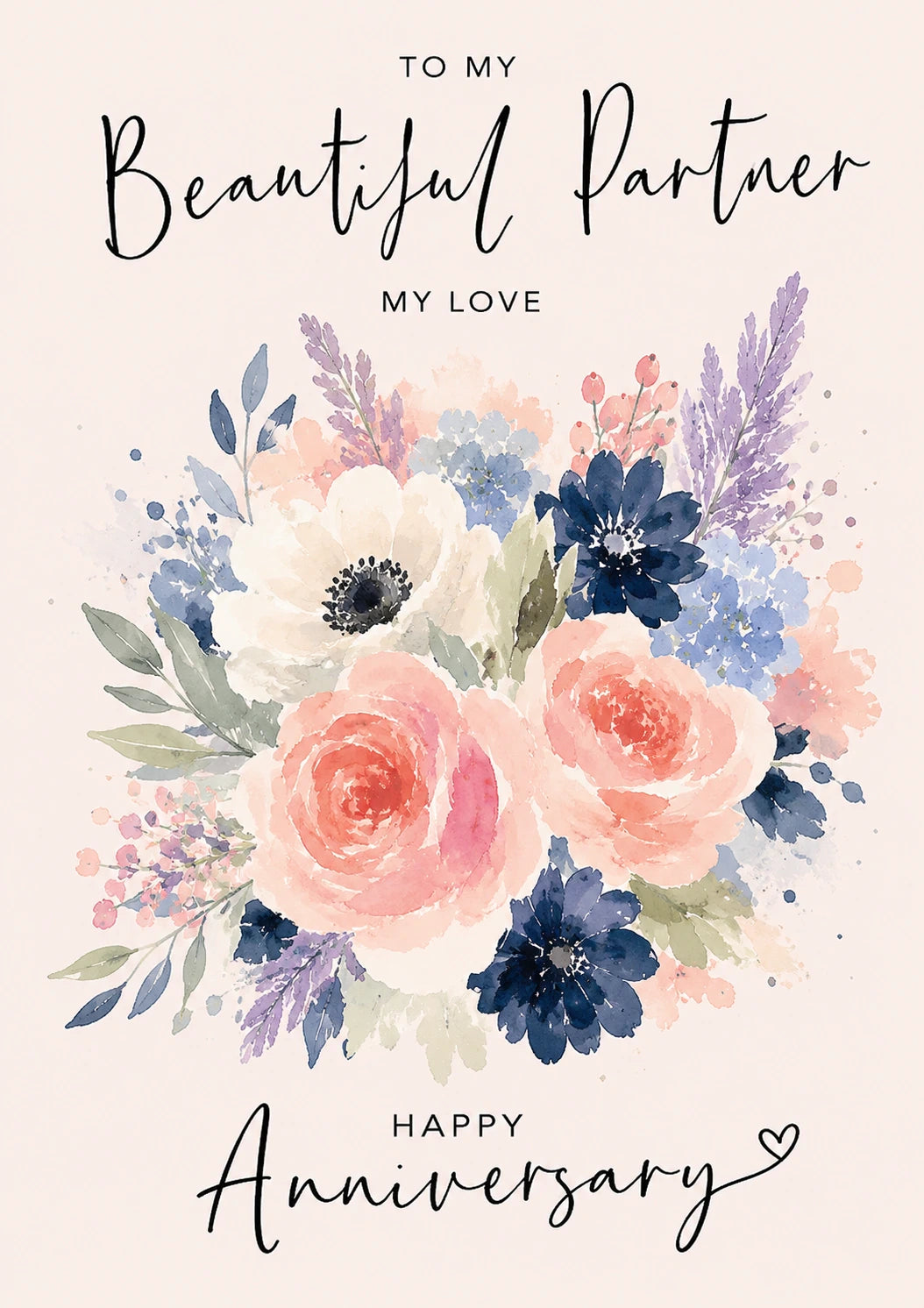 Watercolour Floral Bouquet Anniversary Card for Her