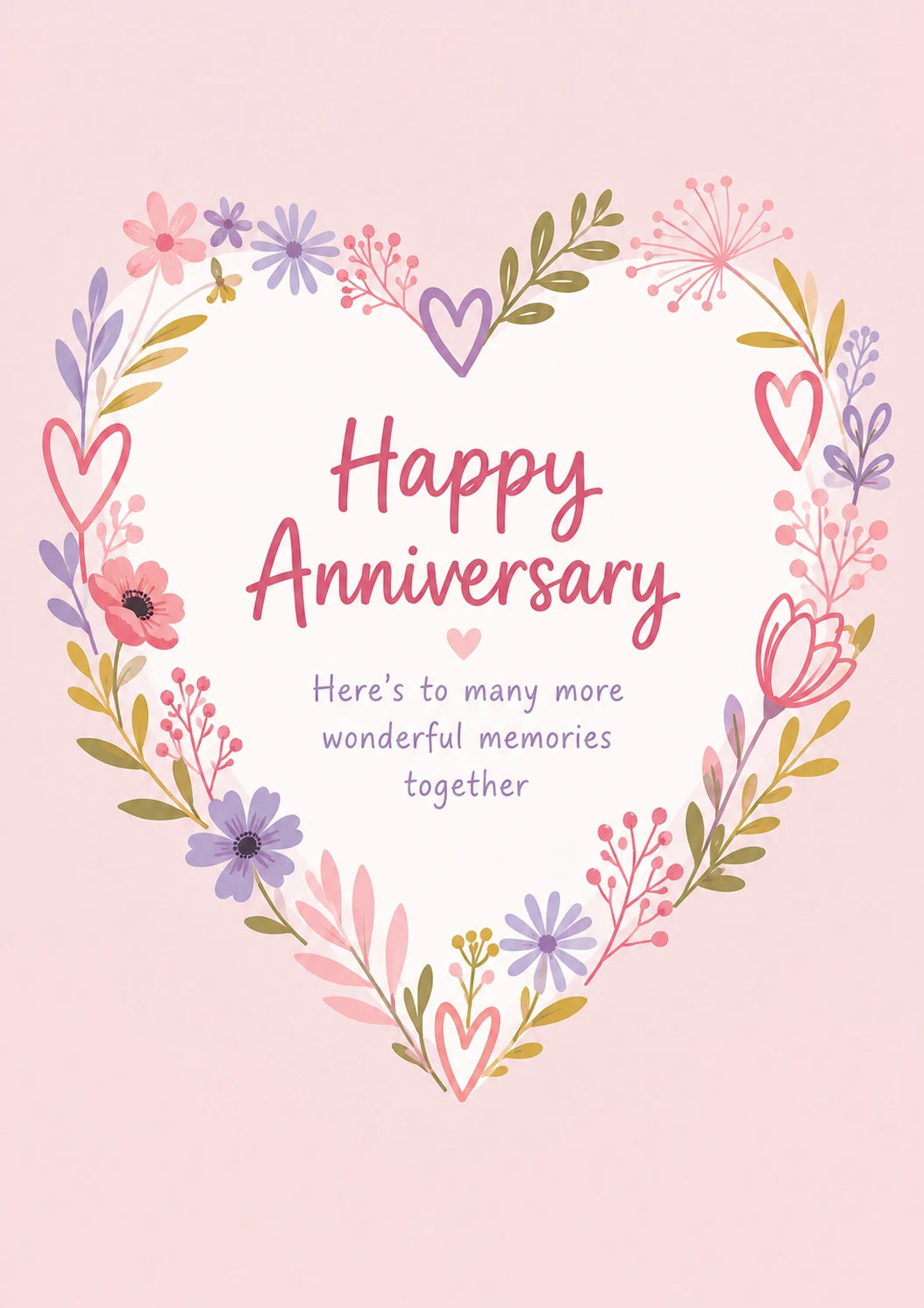 Floral Heart Wreath Happy Anniversary Card for Her