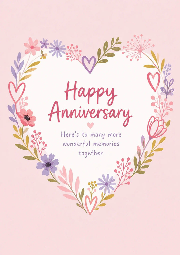 Floral Heart Wreath Happy Anniversary Card for Her