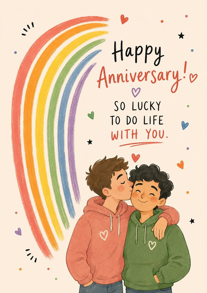 Rainbow Kiss Gay Couple Happy Anniversary Card