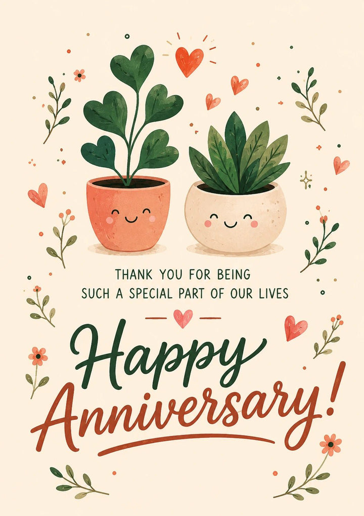 Cute Smiling Plant Pots Anniversary Card for Her