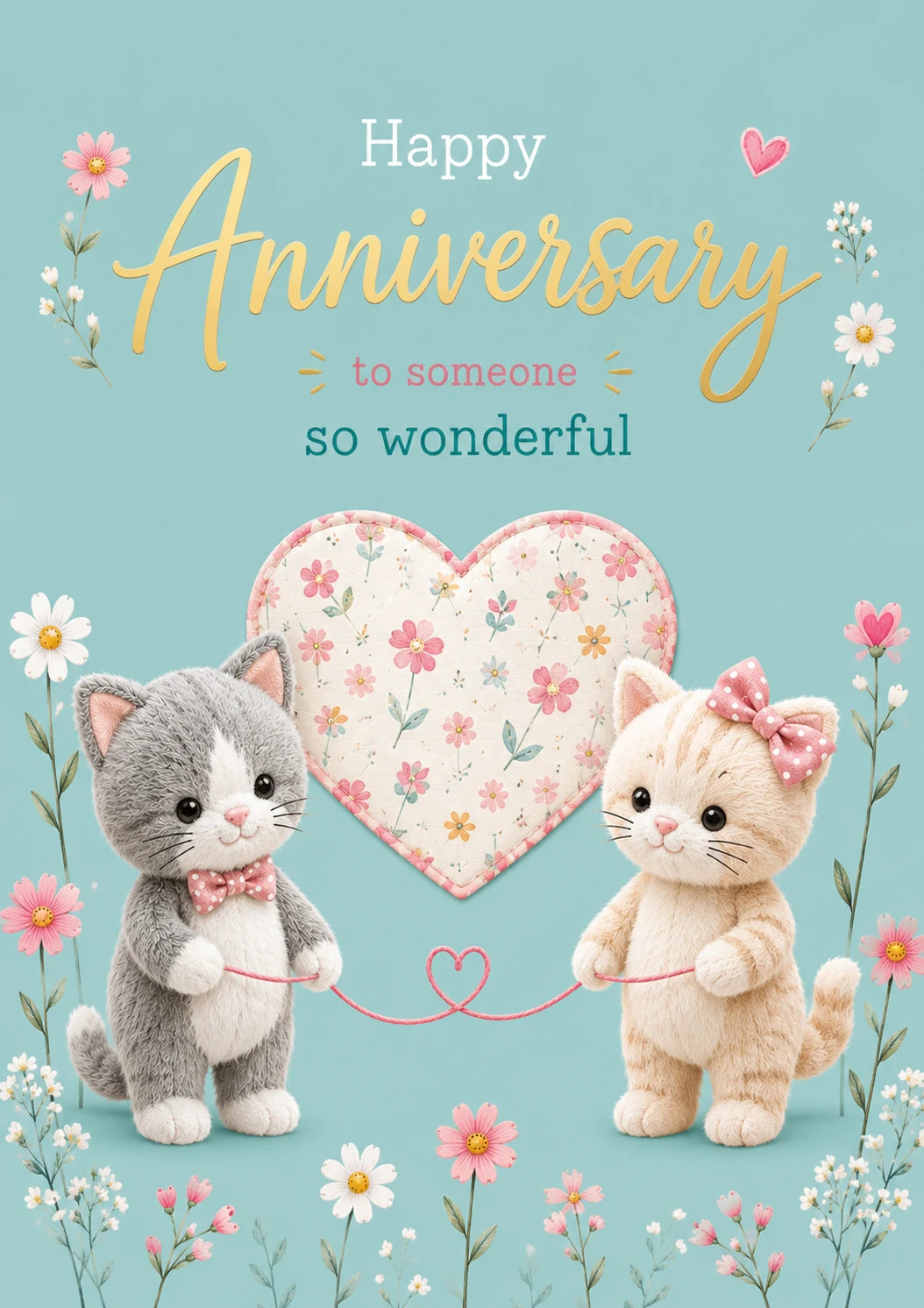 Cute Kitten Couple Floral Heart Anniversary Card for Her