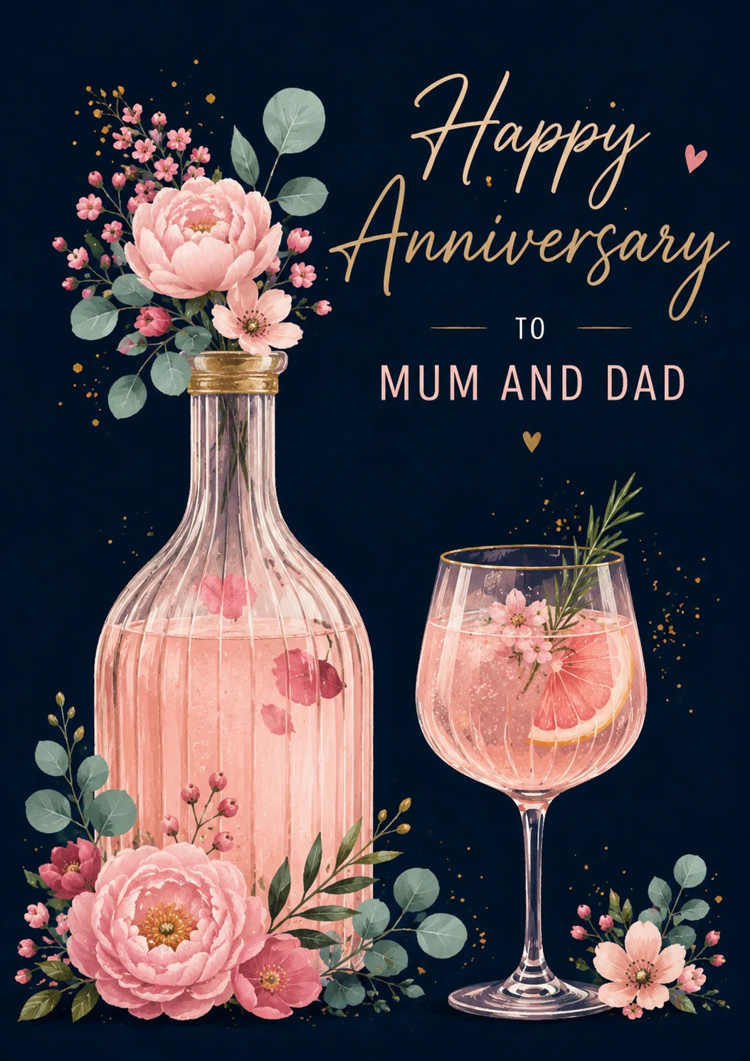 Pink Floral Gin Bottle Happy Anniversary Card for Mum and Dad