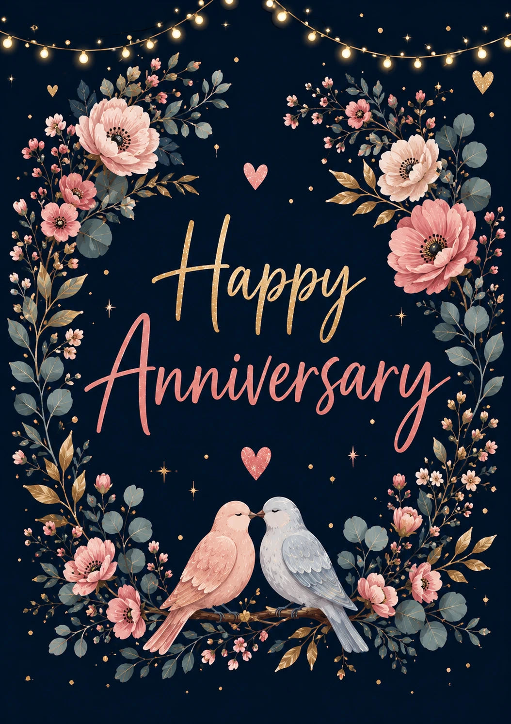 Floral Lovebirds Happy Anniversary Card for Her