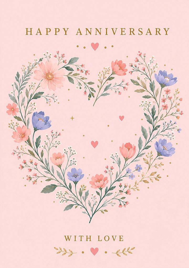 Floral Heart Wreath Happy Anniversary Card for Her