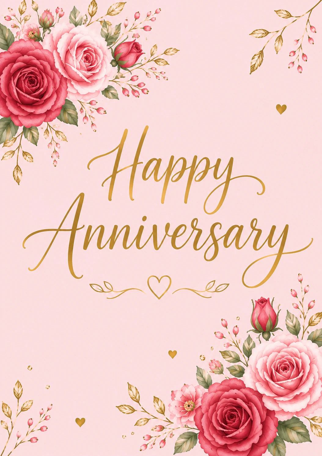 Pink Rose Floral Gold Script Anniversary Card for Her
