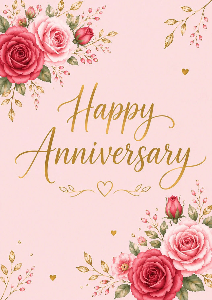 Pink Rose Floral Gold Script Anniversary Card for Her