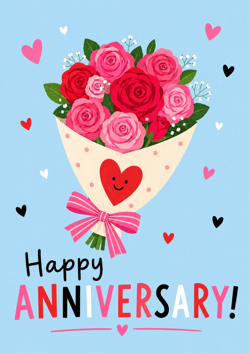 Smiley Heart Rose Bouquet Anniversary Card for Her