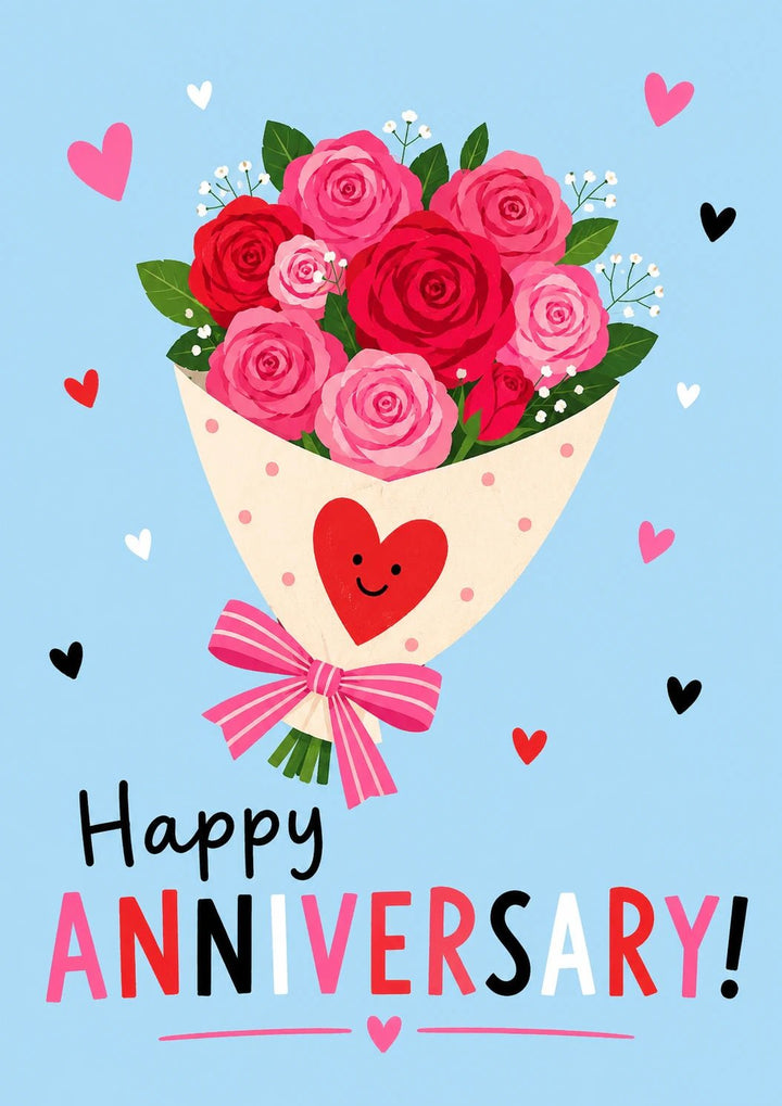 Smiley Heart Rose Bouquet Anniversary Card for Her