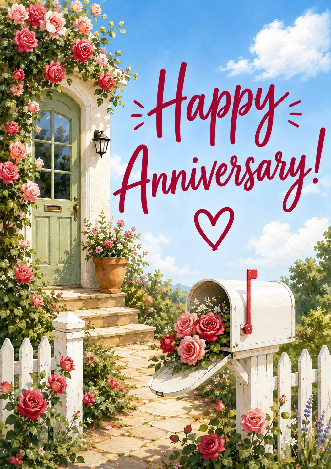 Cottage Rose Garden Anniversary Card for Her