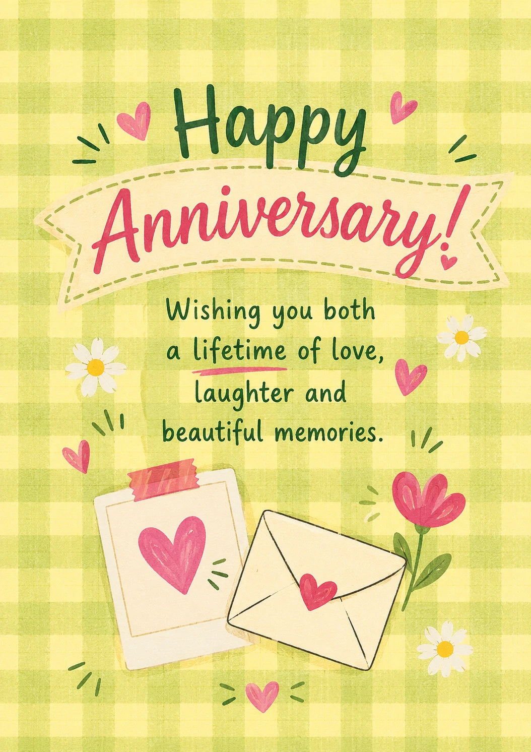 Green Gingham Love Letter Illustration Anniversary Card