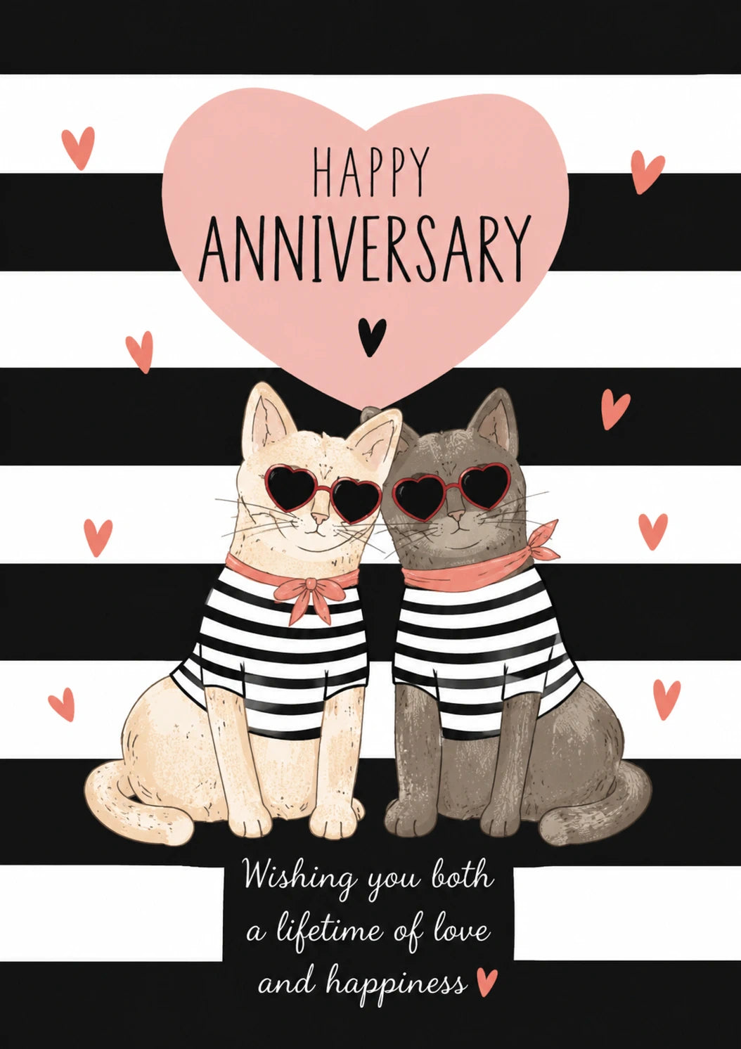 Cool Cats in Striped Tops Happy Anniversary Card