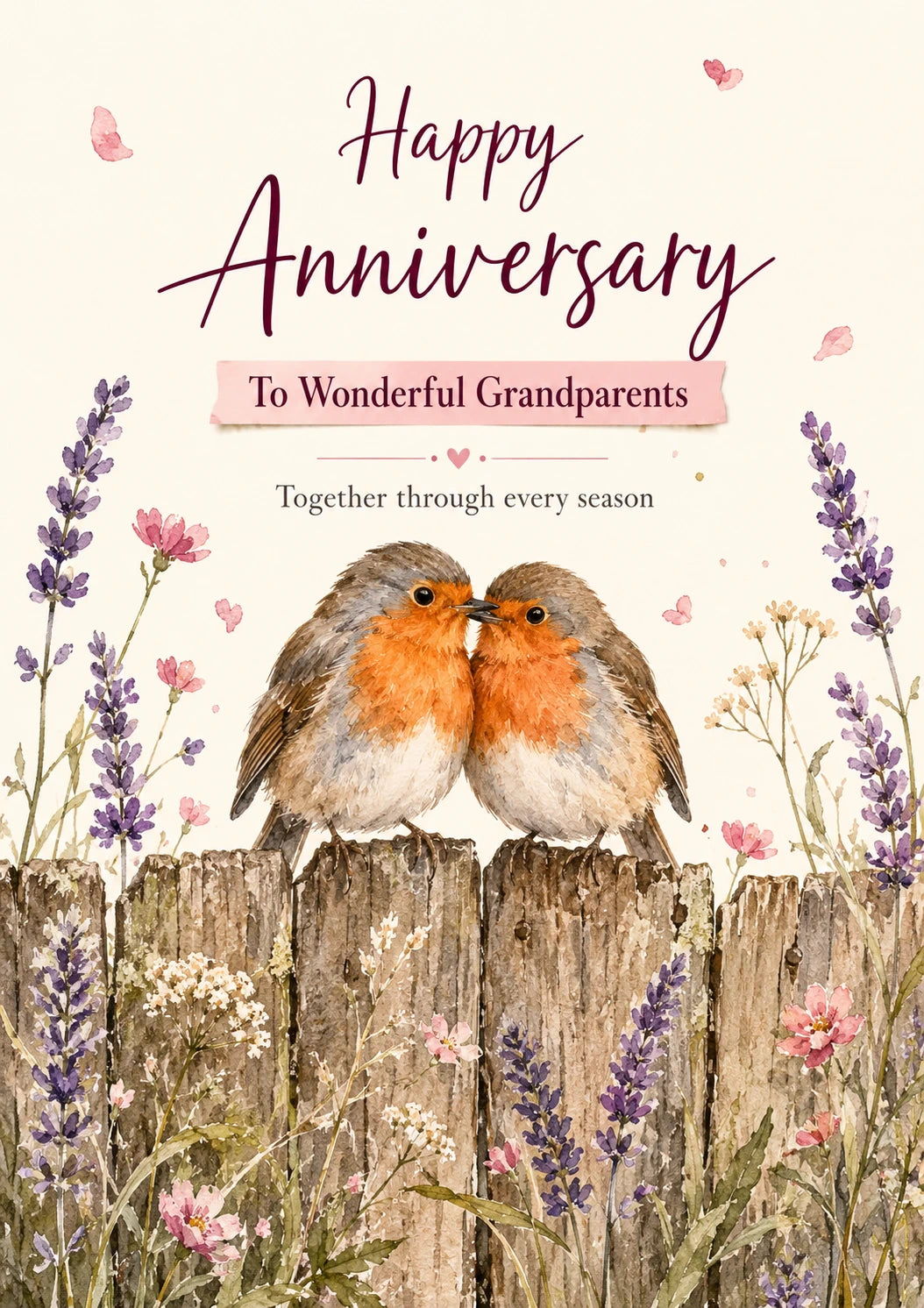 Robin Redbreast Pair on Fence Anniversary Card for Grandparents