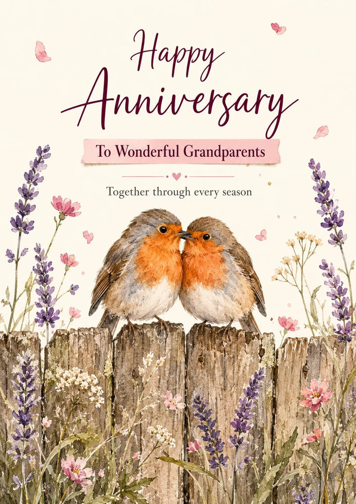 Robin Redbreast Pair on Fence Anniversary Card for Grandparents