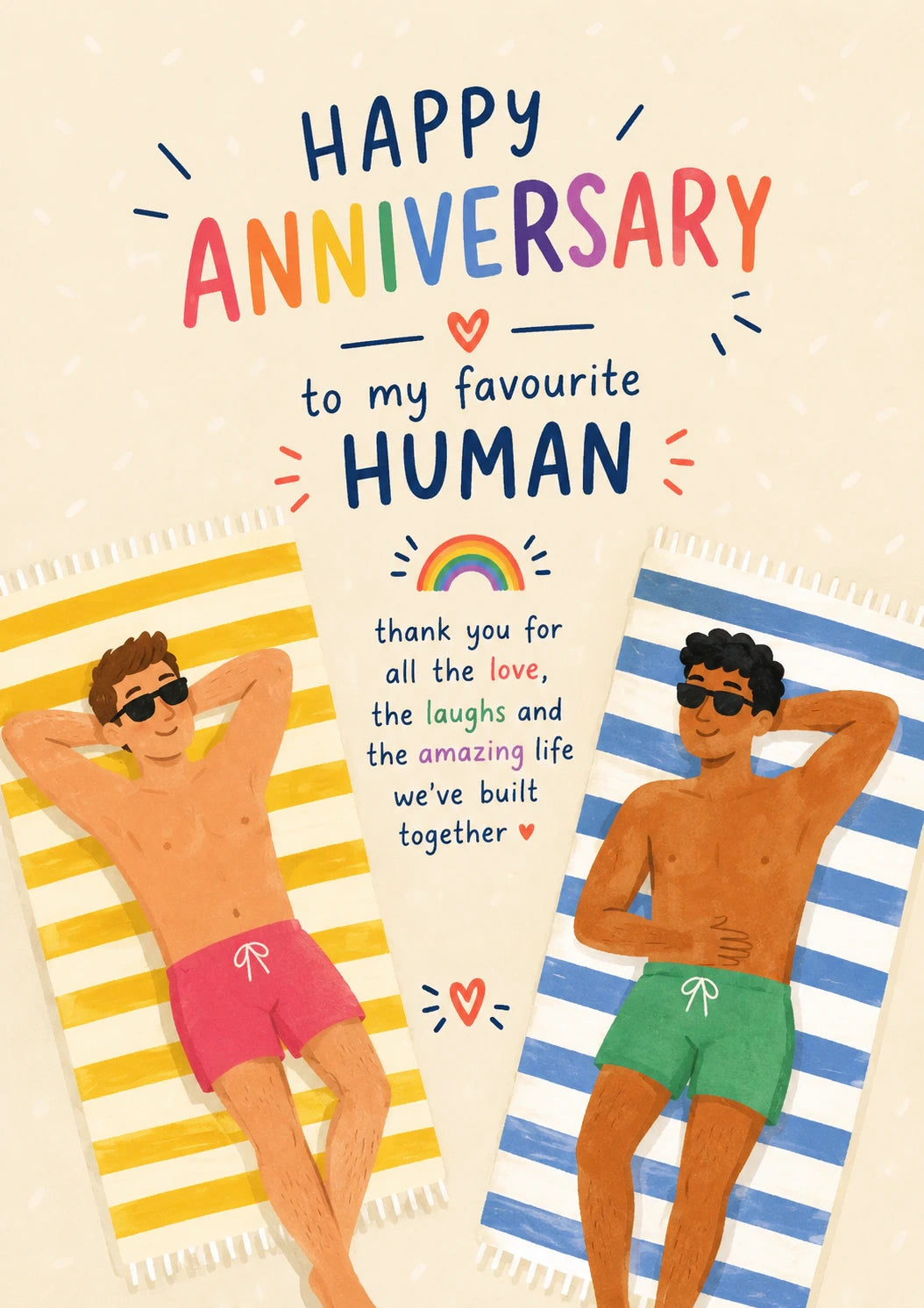 Gay Couple Sunbathing Rainbow Anniversary Card