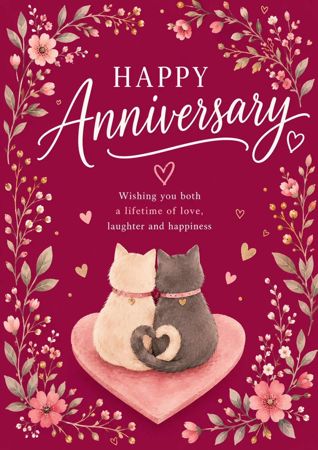 Cute Cats Tails Heart Floral Anniversary Card for Her