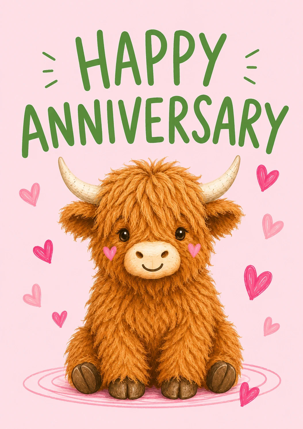 Cute Highland Cow with Hearts Anniversary Card