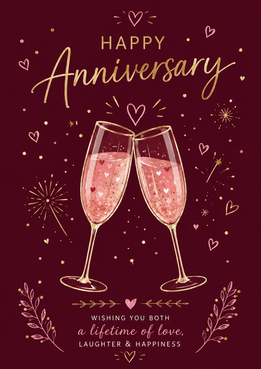 Pink Champagne Flutes Clinking Happy Anniversary Card