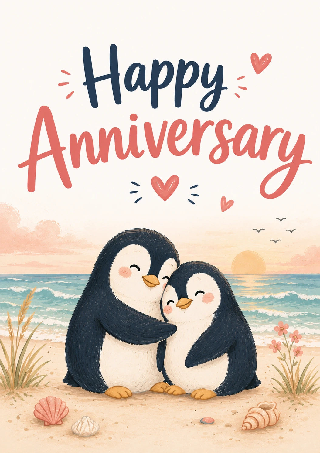 Cute Penguin Couple Beach Hug Anniversary Card for Her