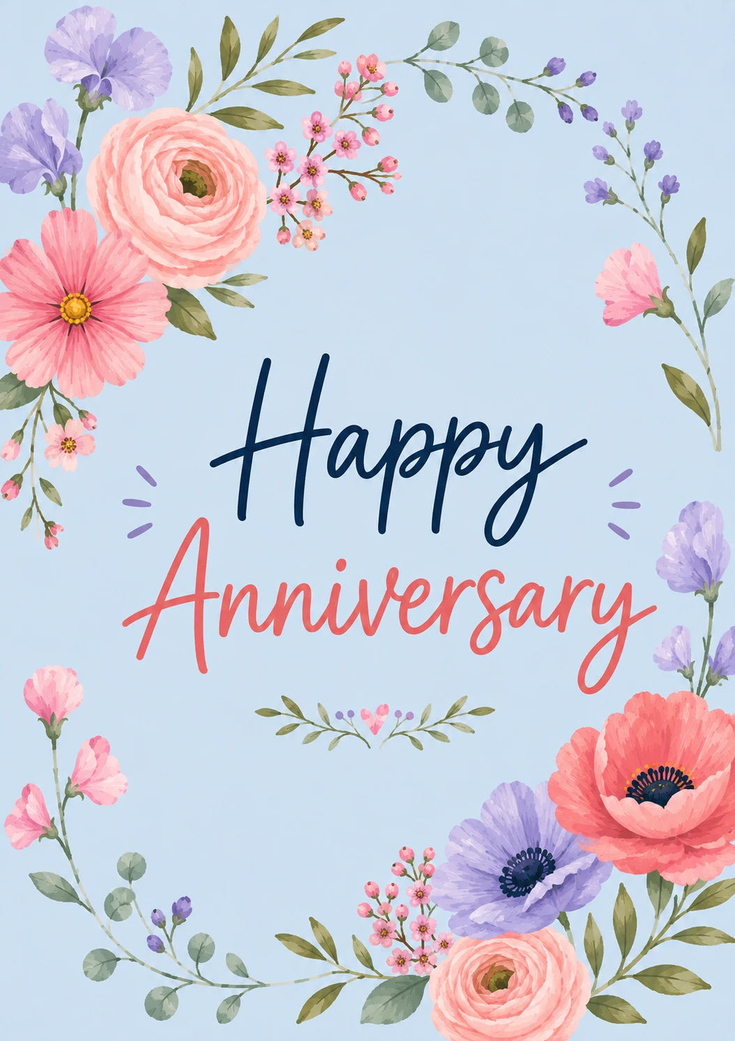 Watercolour Floral Wreath Happy Anniversary Card for Her