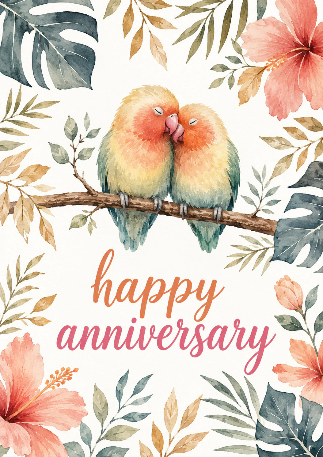 Lovebirds Tropical Floral Anniversary Card