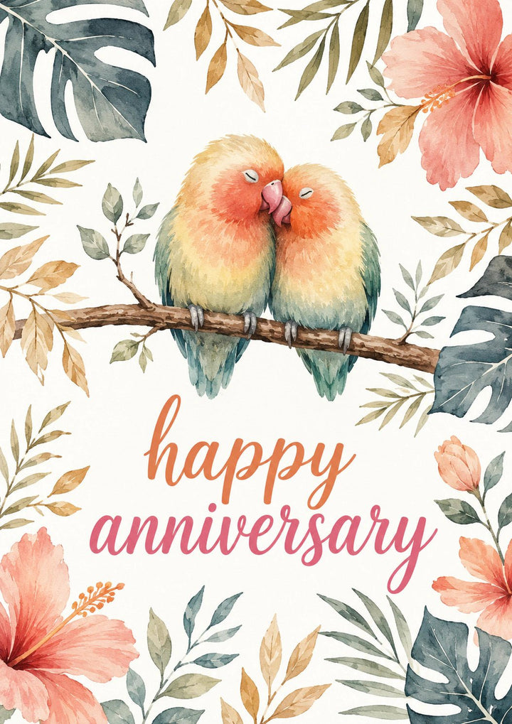 Lovebirds Tropical Floral Anniversary Card