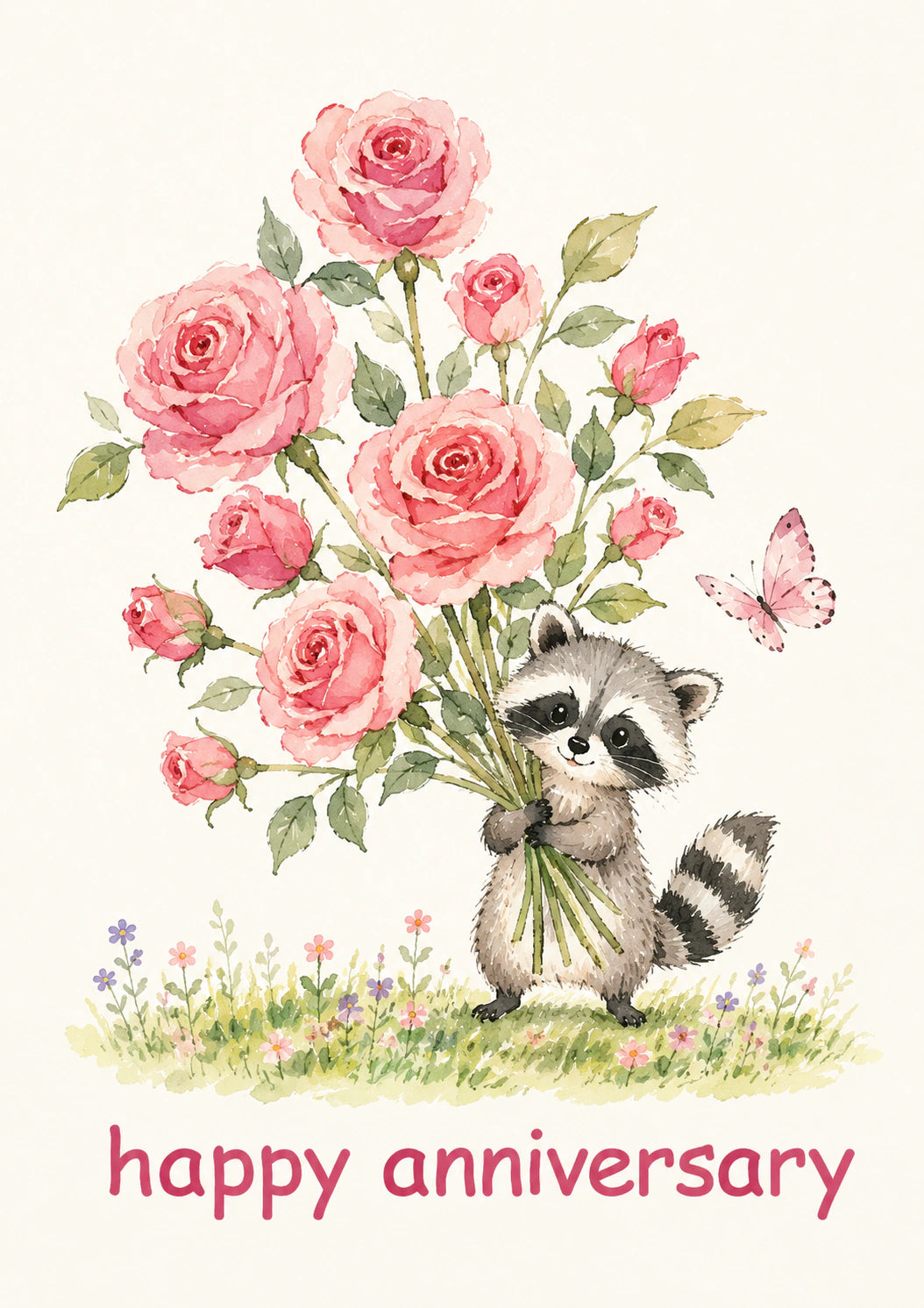 Cute Raccoon with Pink Roses Anniversary Card for Her