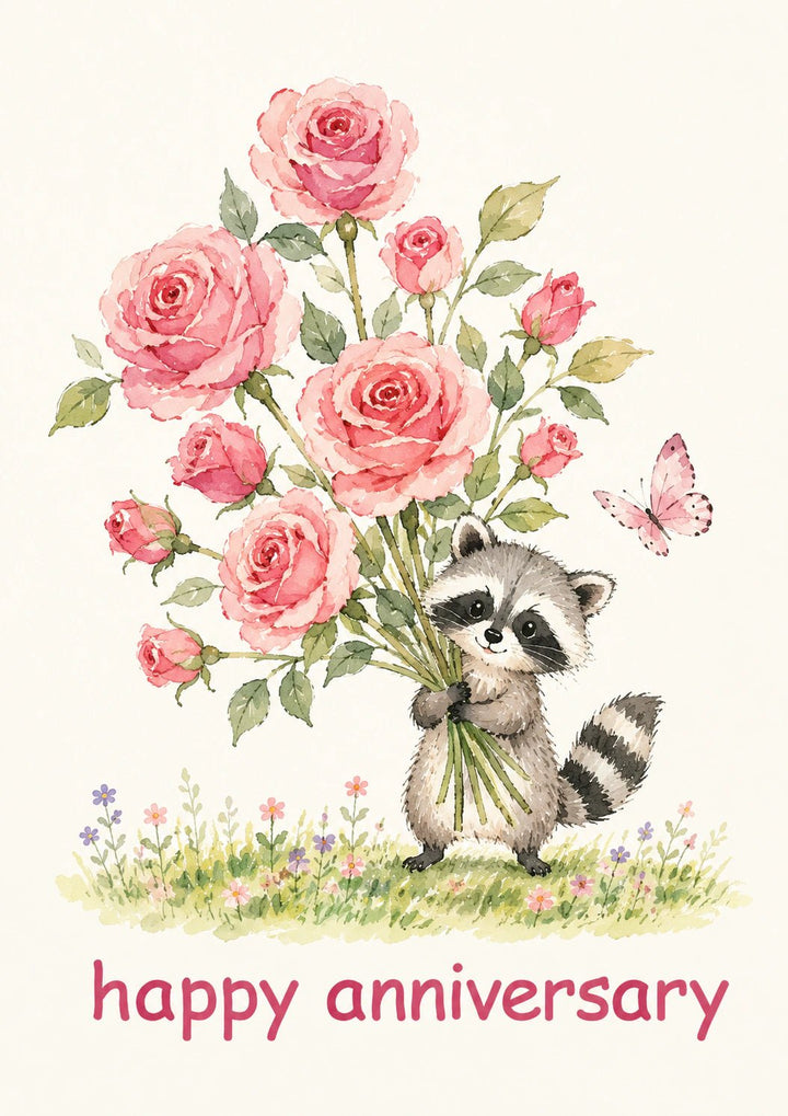 Cute Raccoon with Pink Roses Anniversary Card for Her