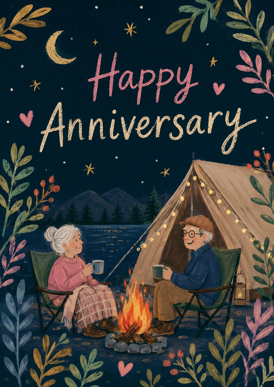 Elderly Couple Camping Campfire Anniversary Card