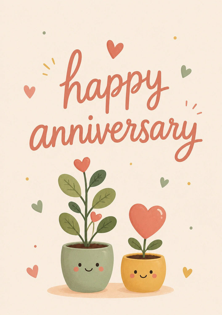 Cute Smiling Plant Pots Happy Anniversary Card