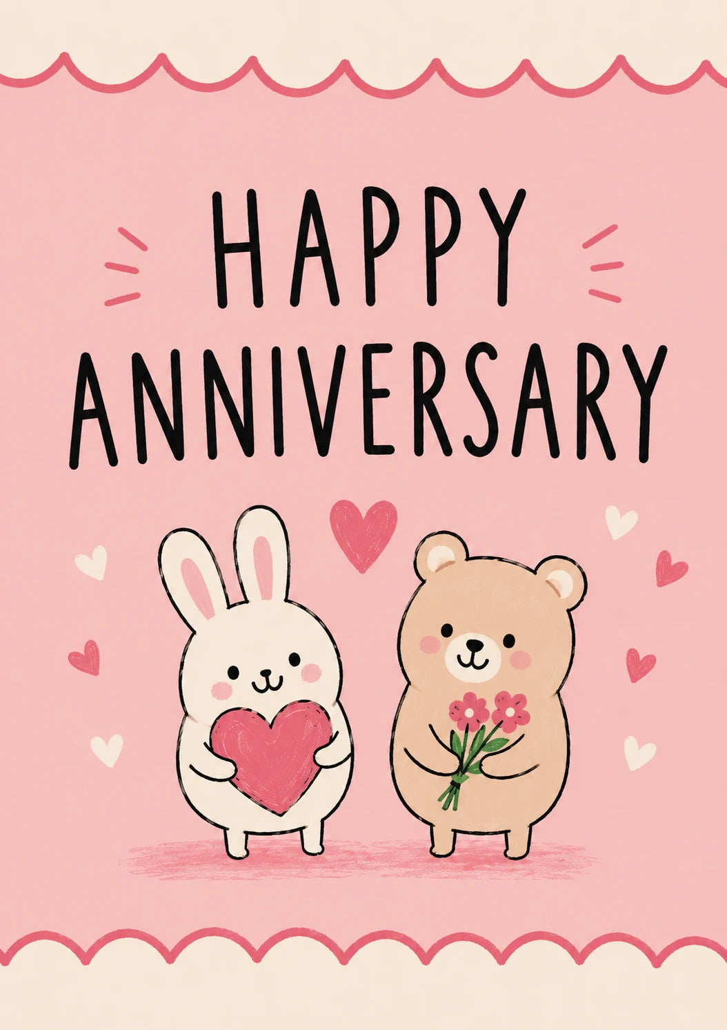 Cute Bunny and Bear Happy Anniversary Card for Her