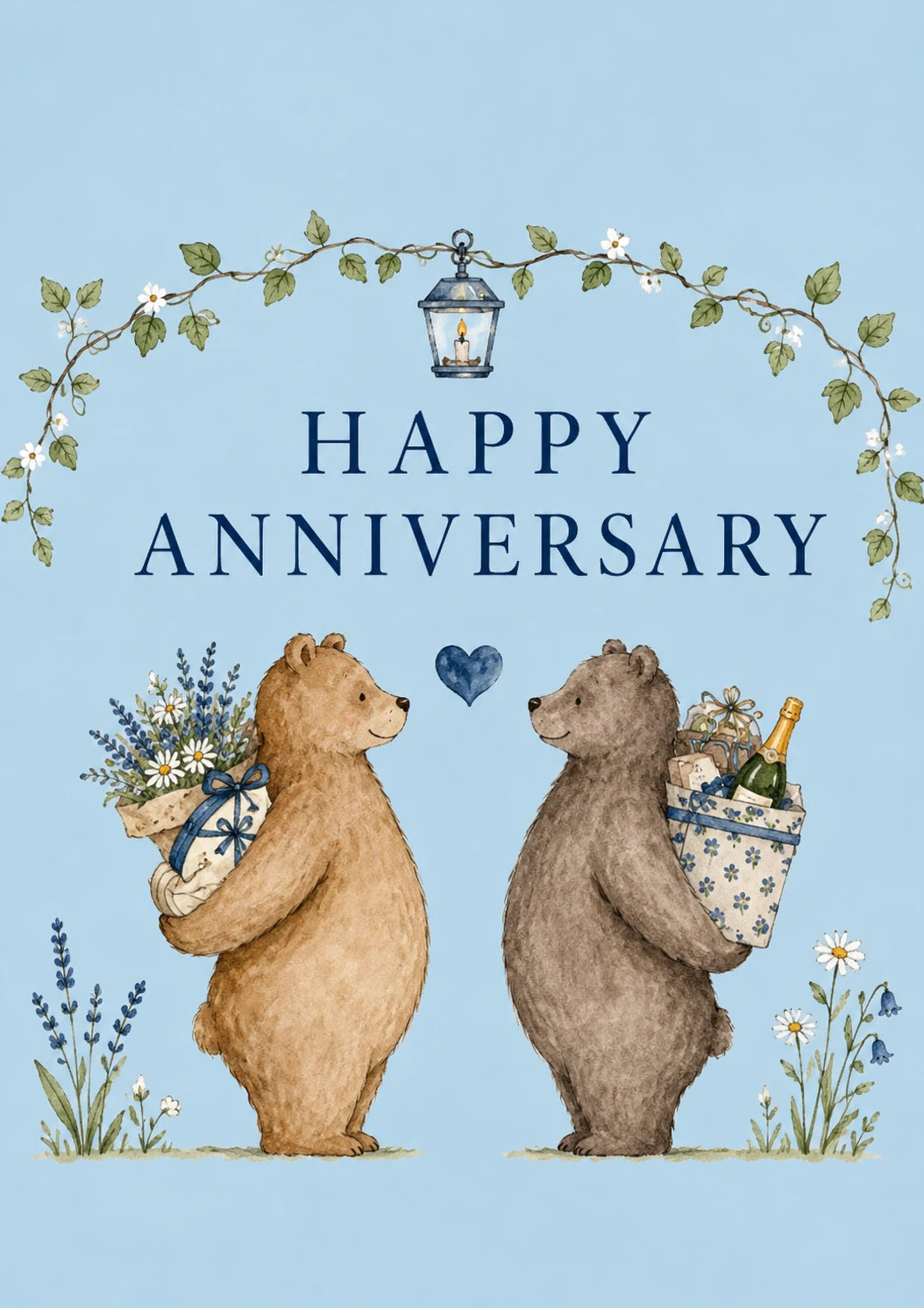 Cute Bear Couple with Flowers and Champagne Anniversary Card