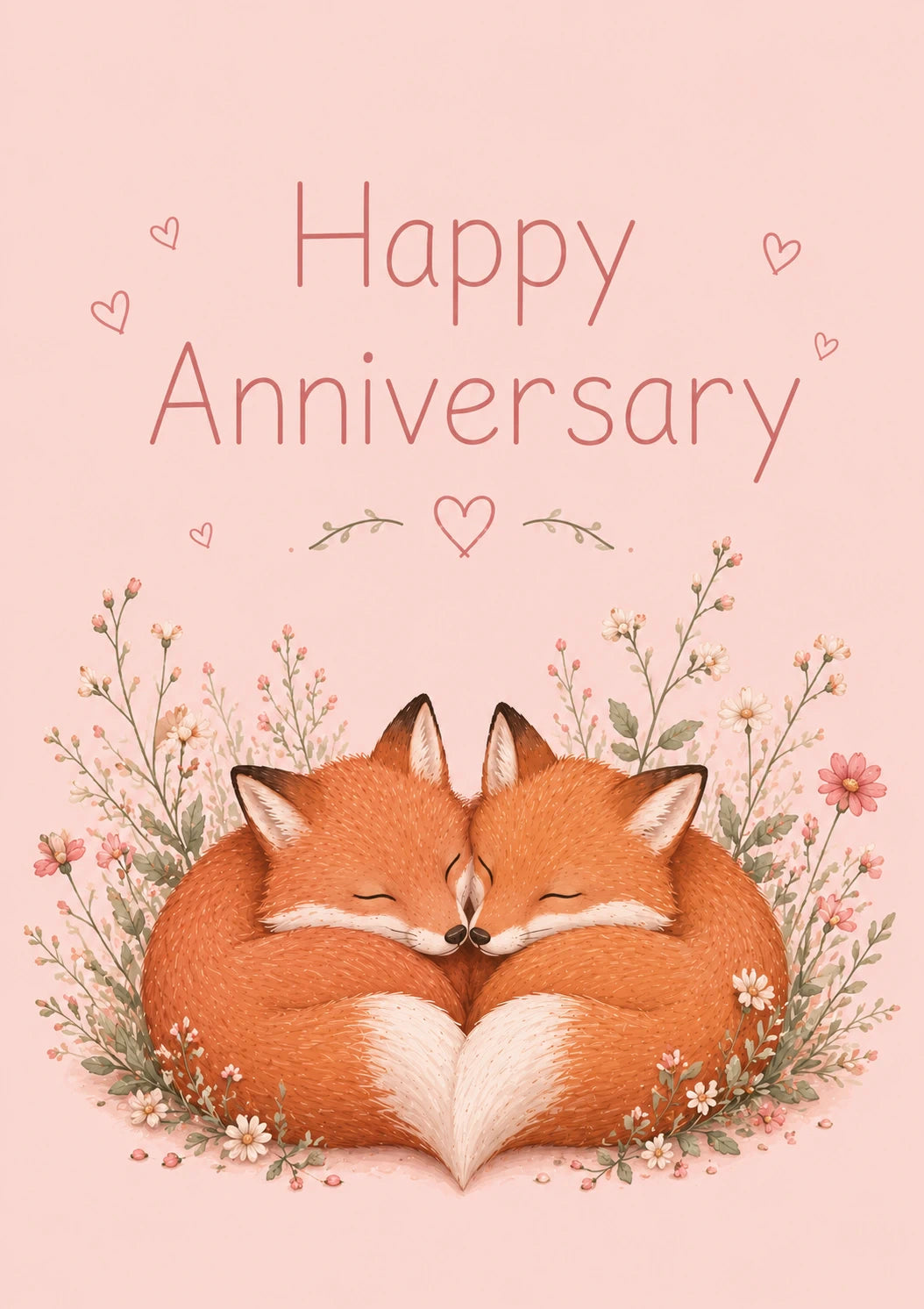 Cute Cuddling Foxes Floral Anniversary Card for Her