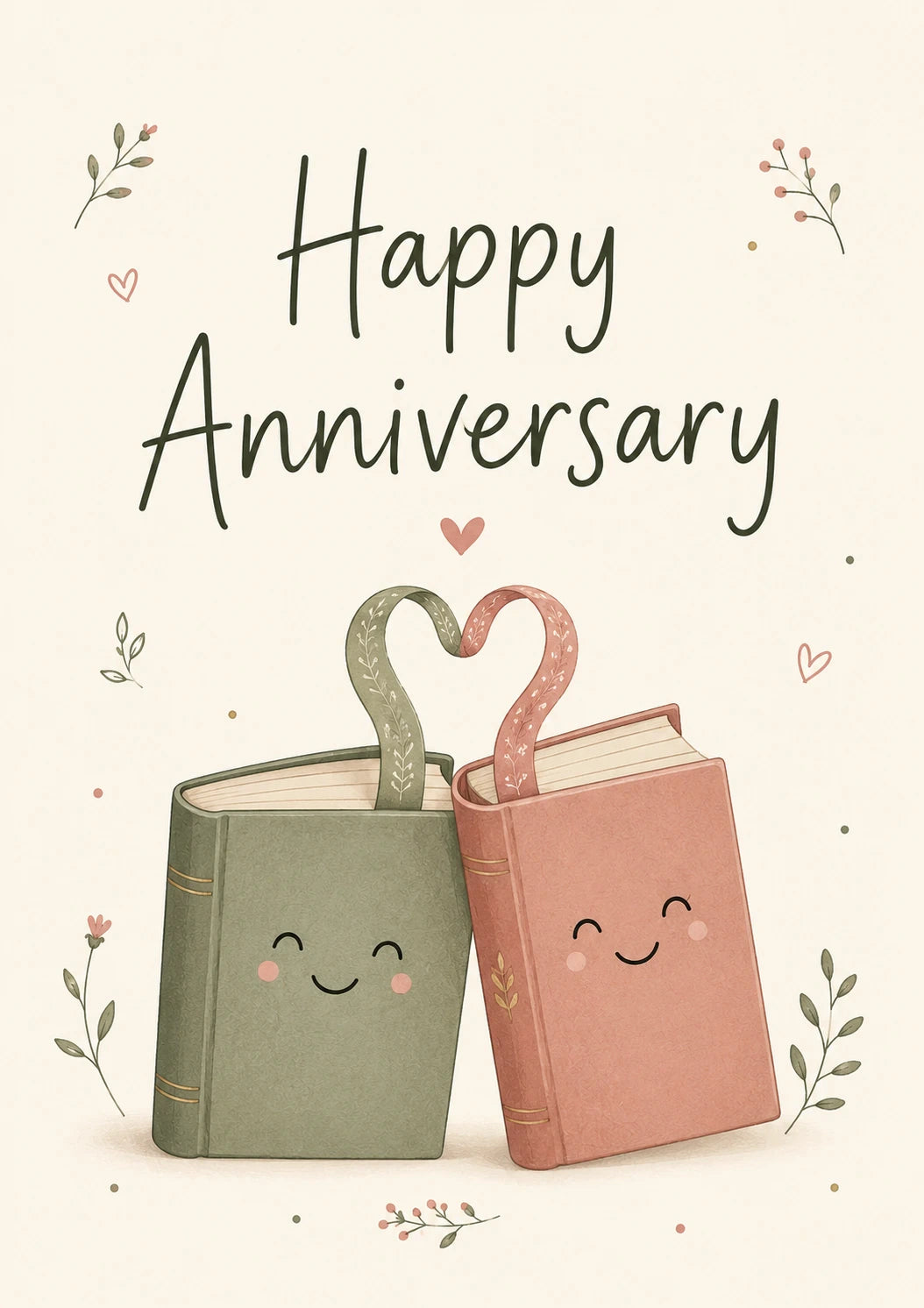 Cute Book Couple with Heart Bookmarks Anniversary Card