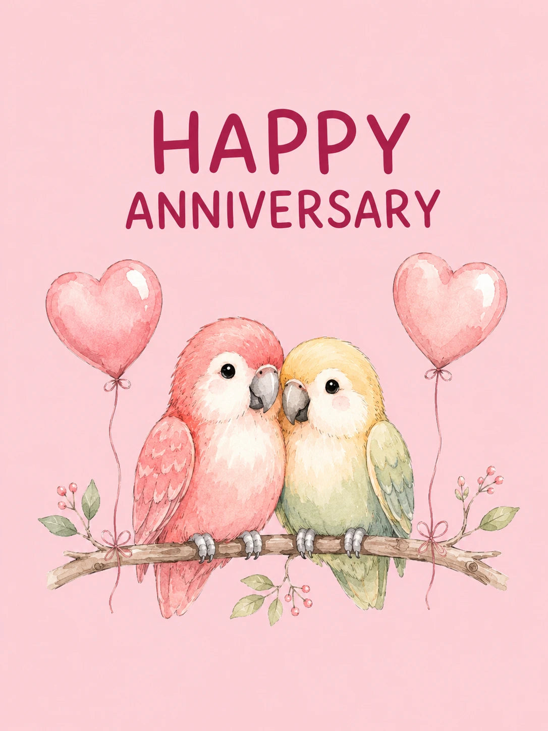 Cute Lovebirds on Branch Happy Anniversary Card