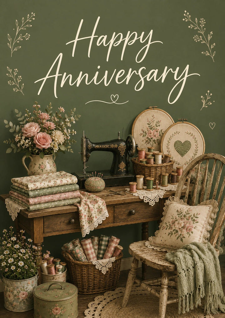 Vintage Sewing Room Floral Anniversary Card for Her