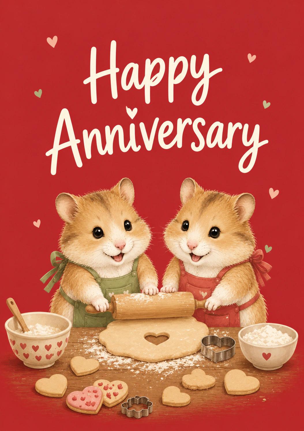 Cute Hamsters Baking Heart Cookies Anniversary Card