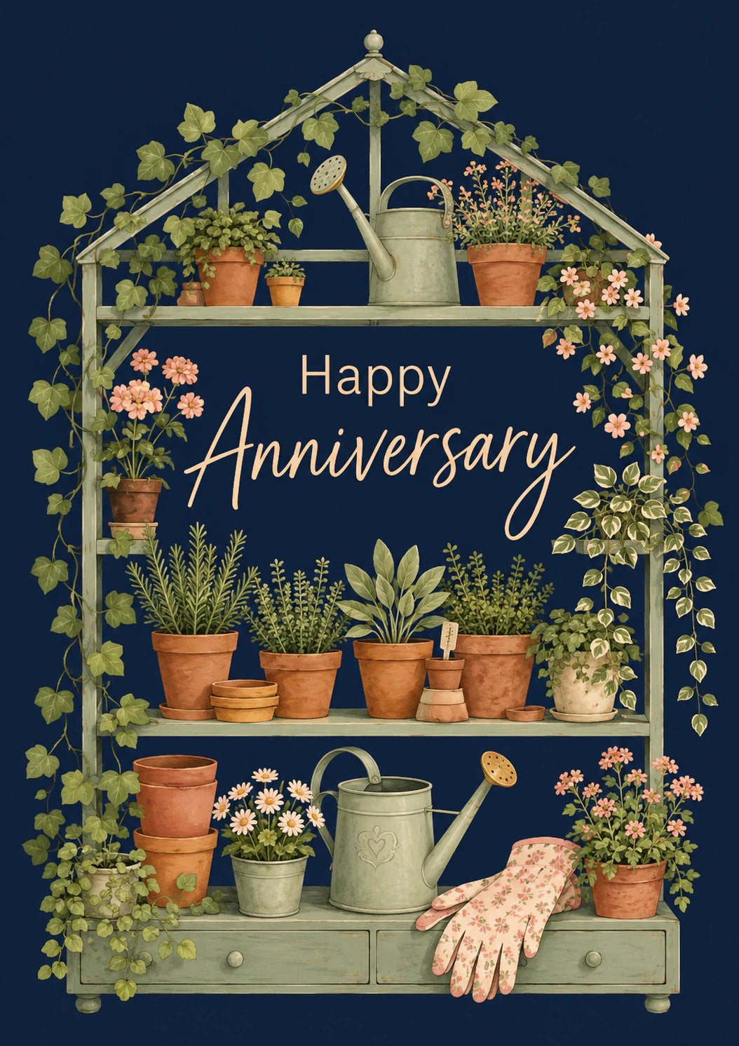 Greenhouse Botanical Shelves Happy Anniversary Card