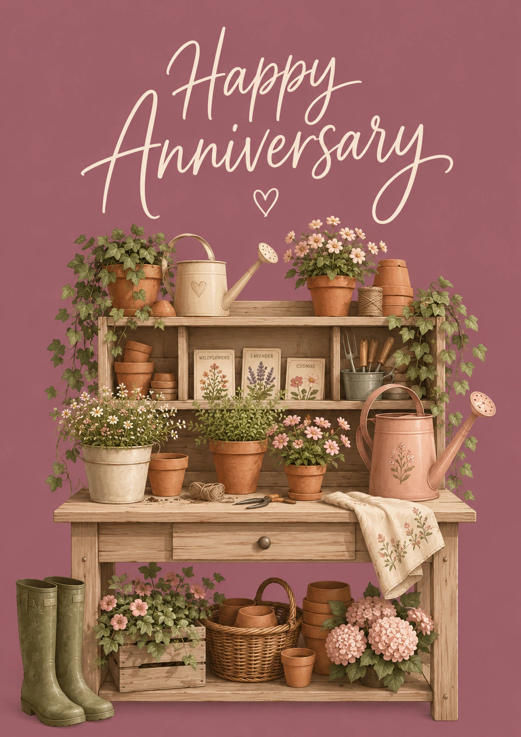 Rustic Garden Potting Bench Anniversary Card for Her
