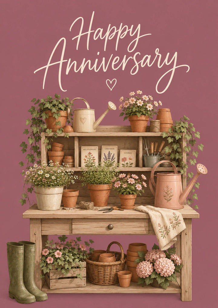 Rustic Garden Potting Bench Anniversary Card for Her