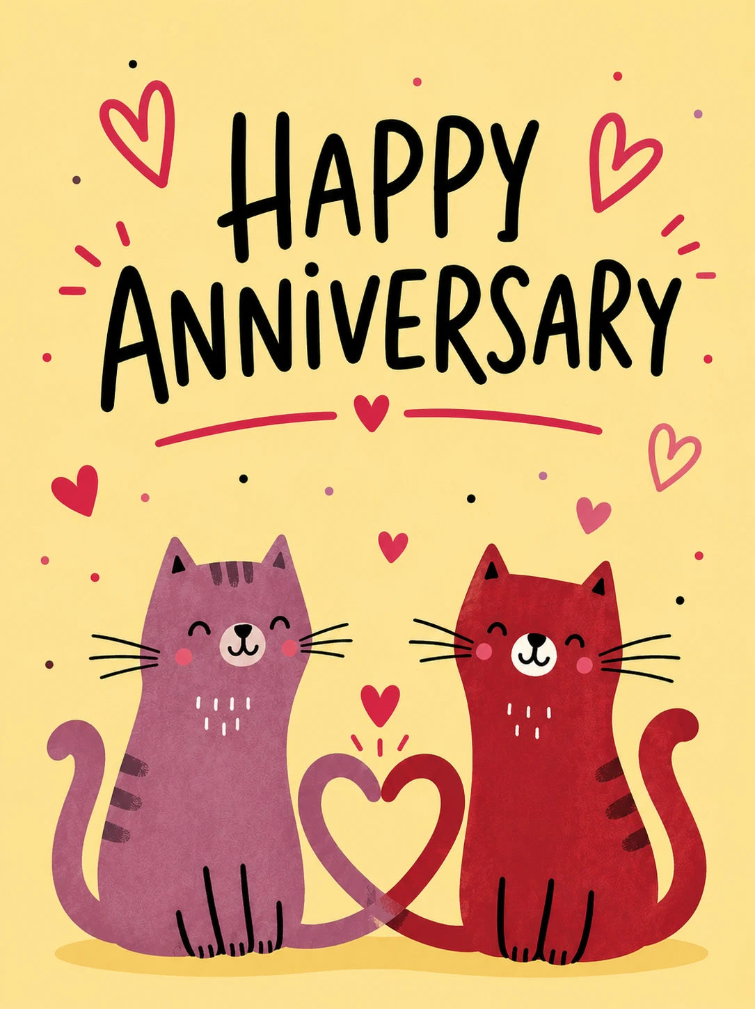 Cute Cat Couple Tails Heart Anniversary Card for Her