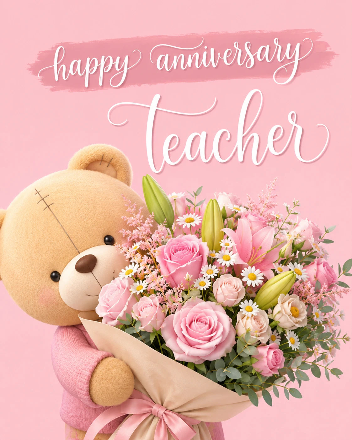 Cute Teddy Bear Pink Floral Anniversary Card for Her