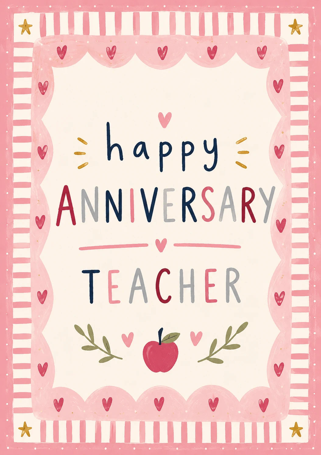 Cute Hearts and Apple Happy Anniversary Teacher Card