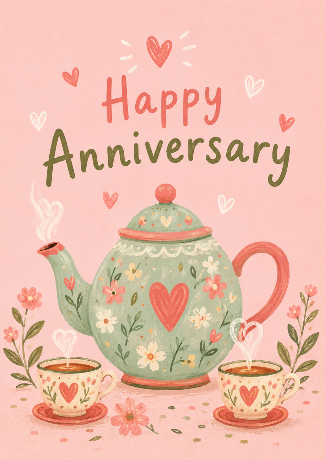 Floral Teapot and Tea Cups Anniversary Card for Her