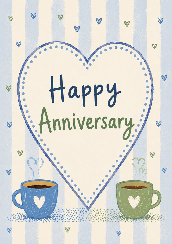Cosy Coffee Cups Heart Happy Anniversary Card