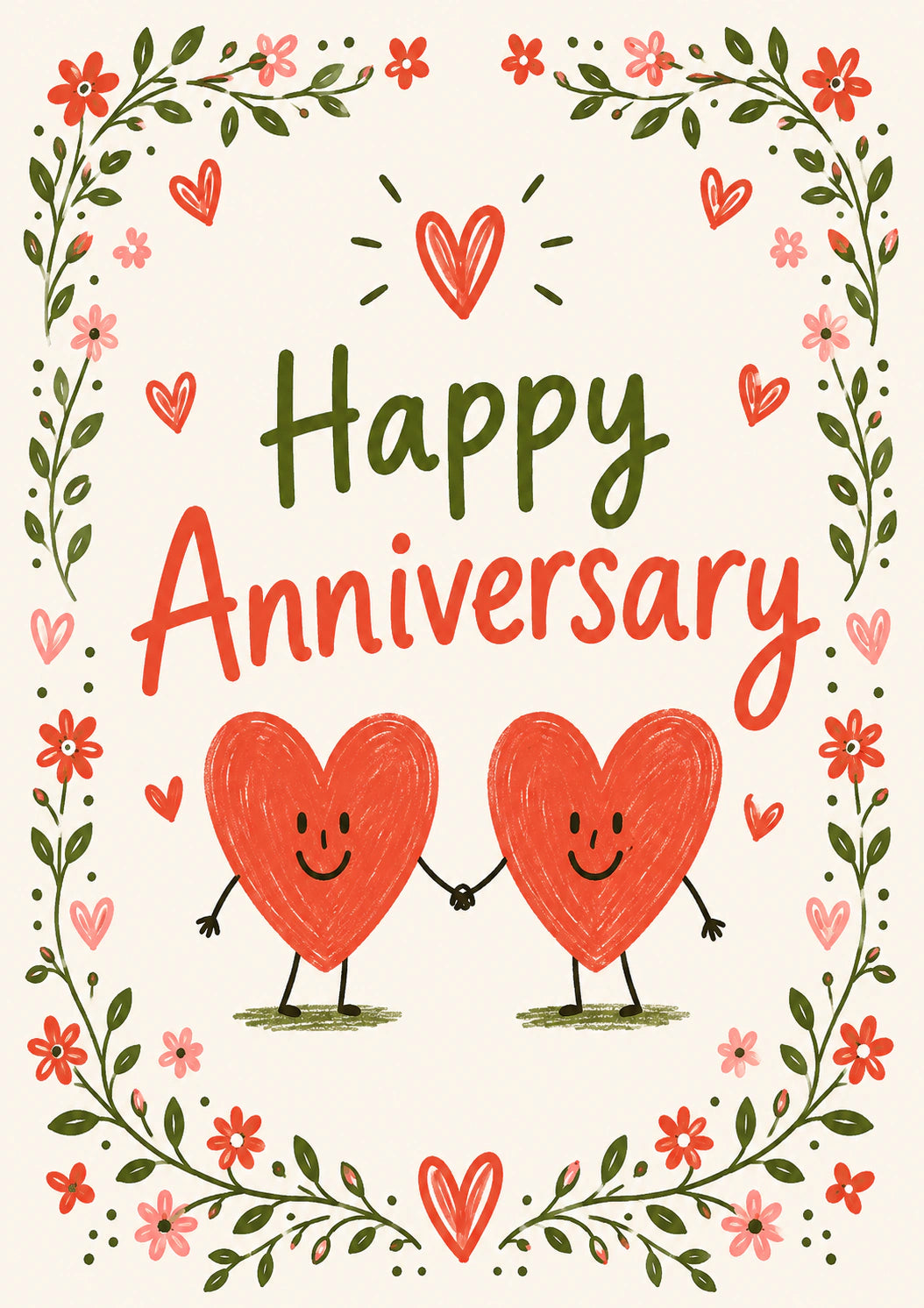 Cute Heart Characters Holding Hands Anniversary Card