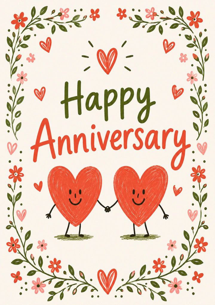 Cute Heart Characters Holding Hands Anniversary Card