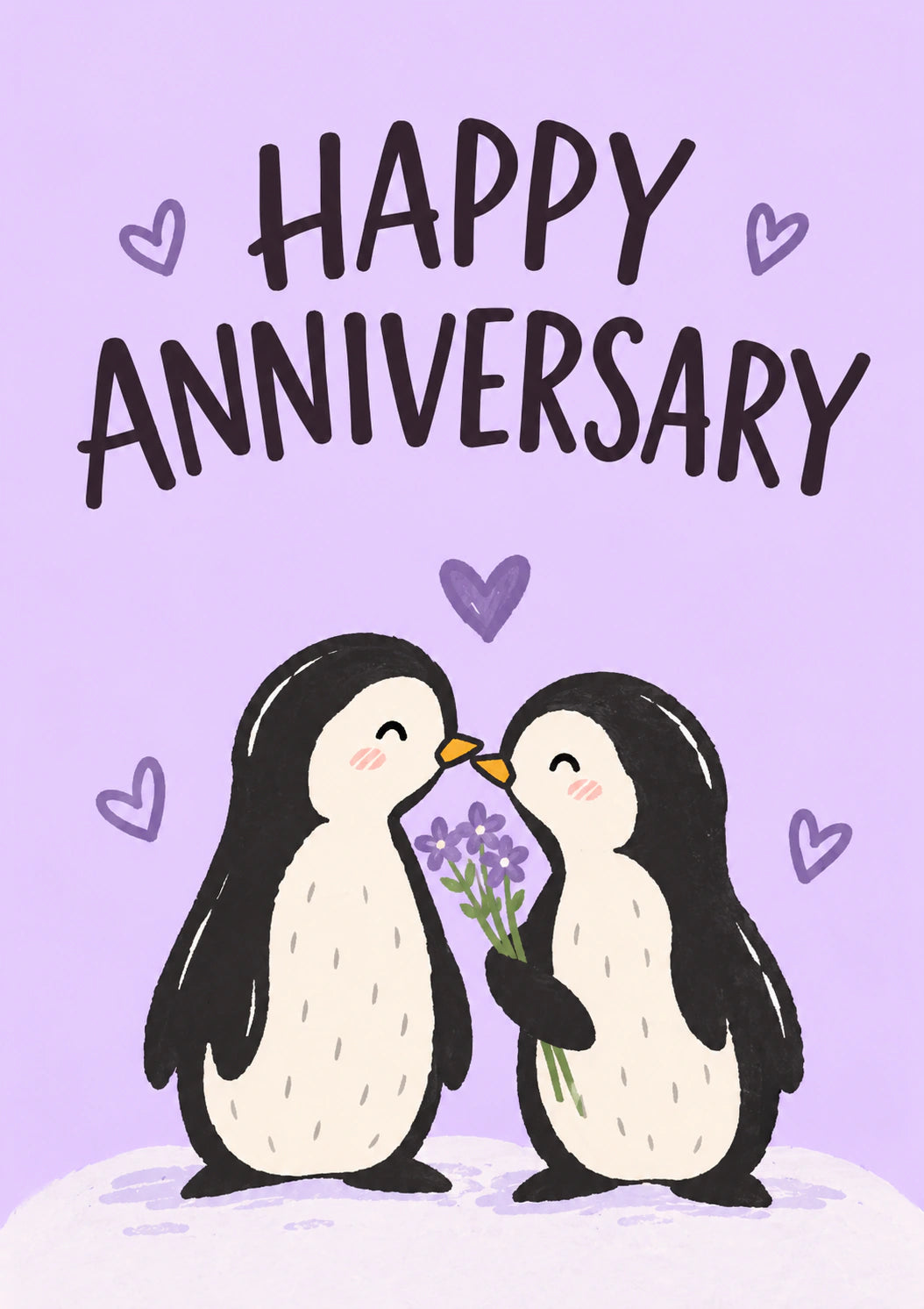 Cute Penguin Couple with Flowers Anniversary Card
