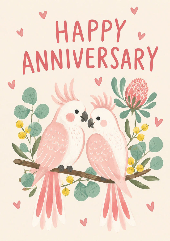 Cute Pink Cockatoo Pair Anniversary Card for Her
