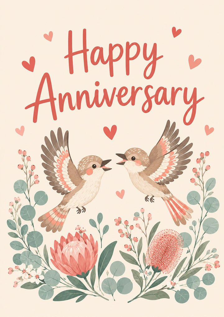 Cute Love Birds Floral Anniversary Card for Her